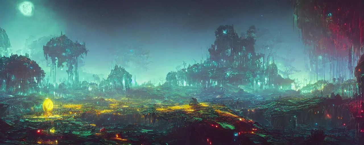 Image similar to ” otherwordly landscape at night, [ bioluminescense, cinematic, detailed, epic, widescreen, opening, establishing, mattepainting, photorealistic, realistic textures, octane render, art by slop and paul lehr ] ”