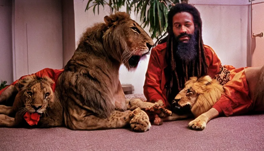 Image similar to 7 0 s film still from a movie about a rastafarian and his pet lion, kodachrome, cinecolor, cinestill, film grain, film texture, retro, cinematic, high resolution, photorealism,