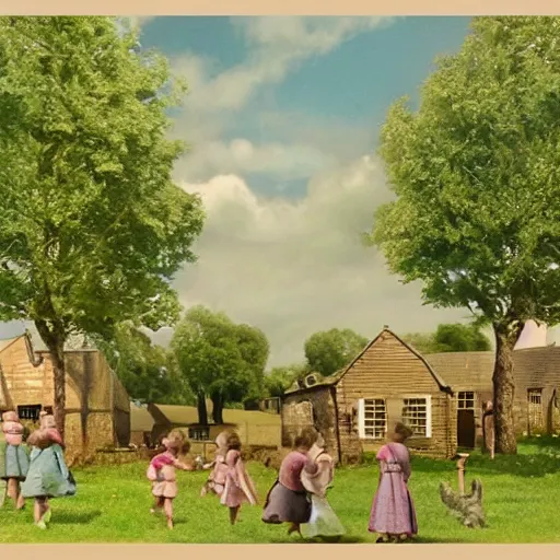 Prompt: digital matte glossy painting nostalgic 1 9 5 0 s children village britain trees cats, detailed in the style of trevor mitchell