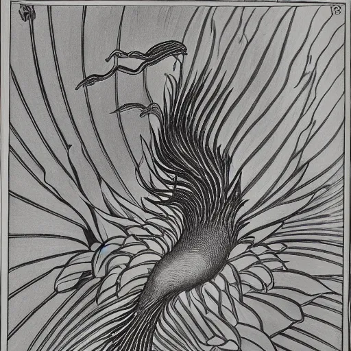 Image similar to A phoenix in fire bathes where water lilies are floating, lithography by Aubrey Beardsley, High definition, detailed,