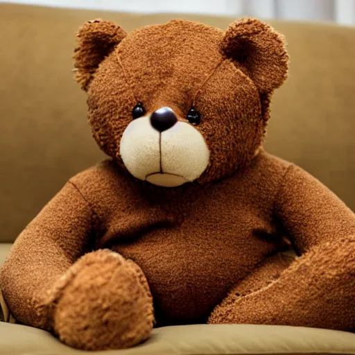 Image similar to a teddy bear on the couch staring at you with human eyes wearing a sweater vest, 4 k photo