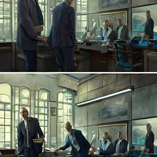 Image similar to epic cinematic hyperrealism masterpiece where happy businessmen appear. realistic poster with shaded lighting by craig mallismo, artgerm, jeremy lipkin and michael garmash, unreal engine, radiant light, detailed and complex environment, digital art, art station trends