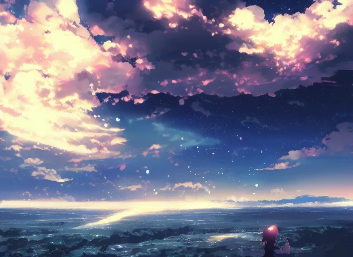 Image similar to illustration of cloudy night sky | | anime key visual, official media, illustrated by wlop, extremely detailed, 8 k, trending on pixiv, cinematic lighting, beautiful