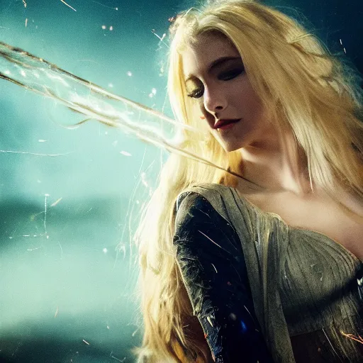 Image similar to beautiful blond hovering sorceress girl, casting a spell, in a destroyed city, moody lighting, 8 k, shallow depth of field, cinematic lighting,