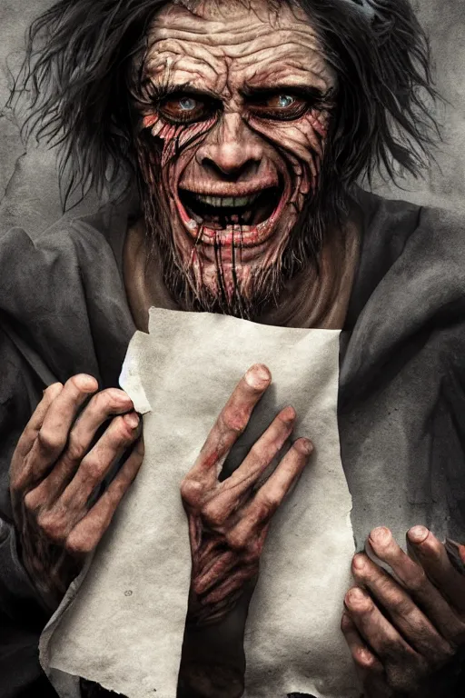 Image similar to A deranged filthy man looking like Willem Dafoe wearing long dark damaged ripped robes holding a magic paper scroll, long fingernails, unclipped fingernails, sharp fingernails, focus on face, sharp focus, digital painting, trending on artstation, concept art, fantasy, medieval, D&D