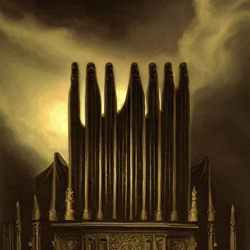 Image similar to dark fantasy matte painting of a screaming pipe organ at night, dark stormy weather by beksinsky and Goya, fine detail