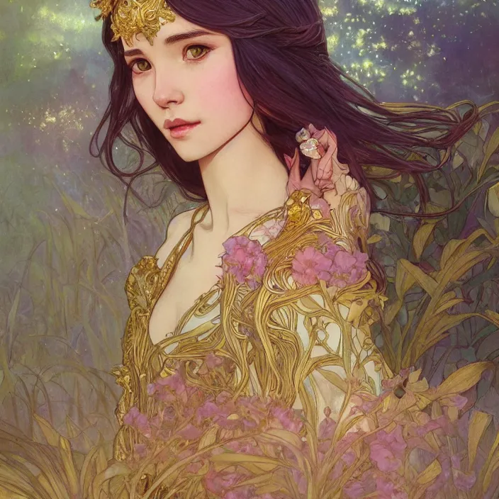 Image similar to iu close up, highly detailed, gold filigree, romantic storybook fantasy, soft cinematic lighting, award, disney concept art watercolor illustration by mandy jurgens and alphonse mucha and alena aenami, pastel color palette, featured on artstation