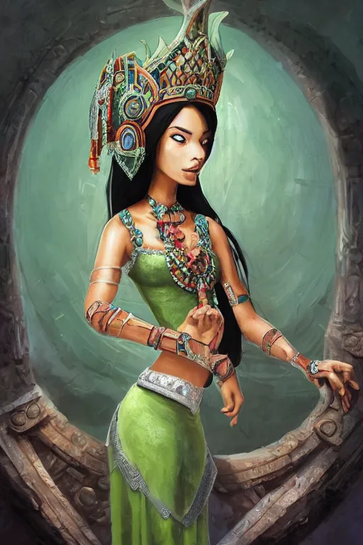 Image similar to a professionally painted portrait of a mayan queen , clothed in jade jewelry , olive skin, long dark hair, beautiful bone structure, symmetrical facial features, intricate, elegant, digital painting, trending on Artstation, concept art, smooth, sharp focus, illustration, from Rayman legends by Ruan Jia and Mandy Jurgens and Artgerm and William-Adolphe Bouguerea, award winning