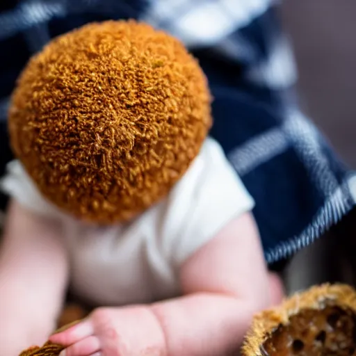 Prompt: close up photo of a baby Scotsman in a kilt hatching out of a Scotch egg