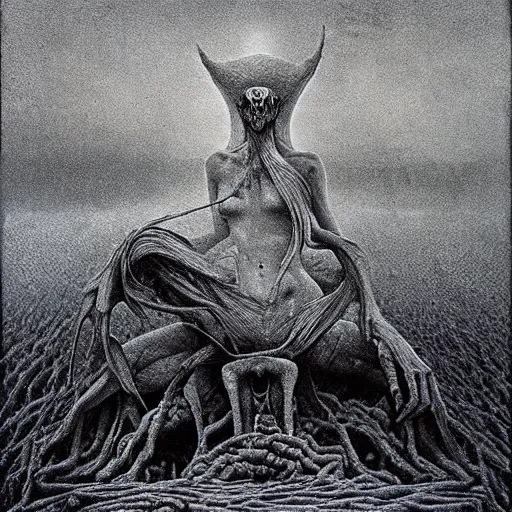 Image similar to the end beksinski, eldritch, apocalypse, creepy creature, horror spooky