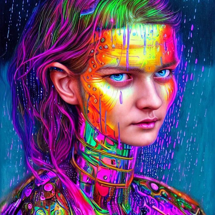 Image similar to bright psychedelic portrait of cyborg girl with rain on face and wet hair, wings, smiling, diffuse lighting, fantasy, intricate, elegant, highly detailed, lifelike, photorealistic, digital painting, artstation, illustration, concept art, smooth, sharp focus, art by John Collier and Albert Aublet and Krenz Cushart and Artem Demura and Alphonse Mucha