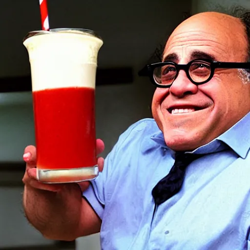 Image similar to Danny Devito drinking a smoothee