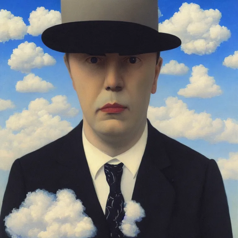 Image similar to portrait of a ghost in a suit, clouds in the background, by rene magritte, detailed painting, distance, middle centered, hd, hq, high resolution, high detail, 4 k, 8 k