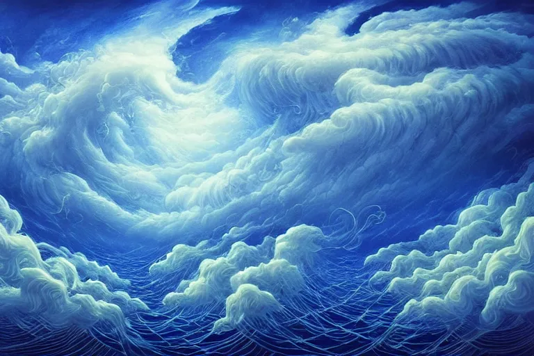 Image similar to a huge flock of many elaborate intricate smooth sculptural whirling elegant clouds puffy filigreed twisting turning cloud sculptures, tornadoes, art nouveau underwater environment, soothing, crepuscular, award winning art, epic dreamlike fantasy landscape, ultra realistic,