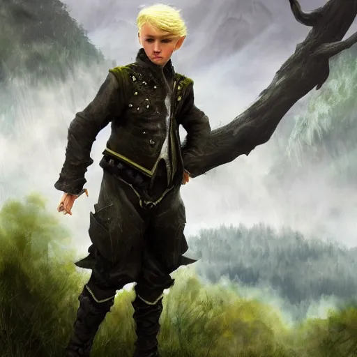 Prompt: Young blonde boy fantasy thief, realistic, ultra detailed, menacing, powerful, dark, shallow focus, forest, mountains in the background concept art design as if designed by Wētā Workshop