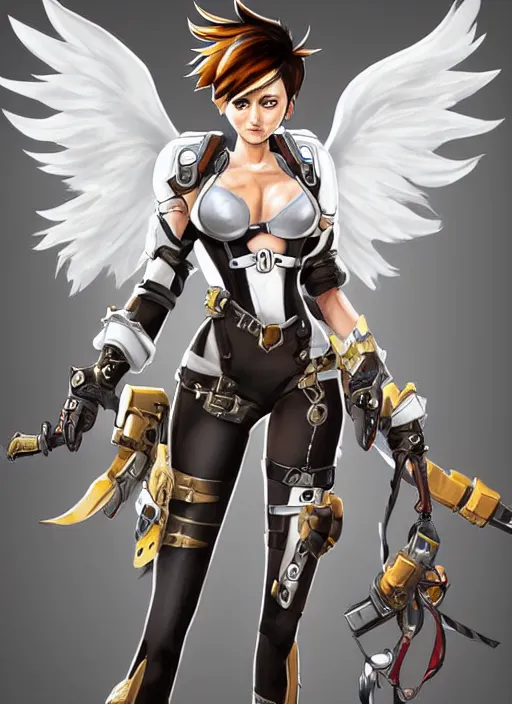 Image similar to full body artwork of tracer overwatch, wearing white latex and leather straps armor outfit, in style of mark arian, angel wings, dramatic painting, wearing detailed leather collar, ornate highly detailed armor, chains, black harness, detailed face and eyes,