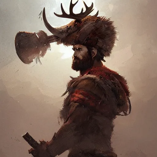 Image similar to hairy barbarian with moose helmet by greg rutkowski