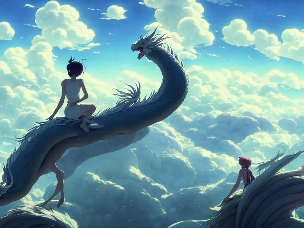 Image similar to a vast scene, panorama distant view, hyper detailed scene render of a beautiful girl sit on a huge silver dragon back, in the white clouds fairyland, animation portrait concept art, style of makoto shinkai, xision, james jean and peter mohrbacher, studio ghibli, artgerm, karol bak, beeple, 4 k hd, animation style