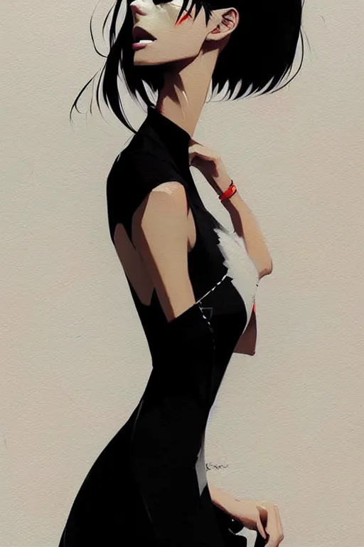 Image similar to a ultradetailed beautiful panting of a stylish woman wearing a black dress, by conrad roset, greg rutkowski and makoto shinkai, trending on artstation