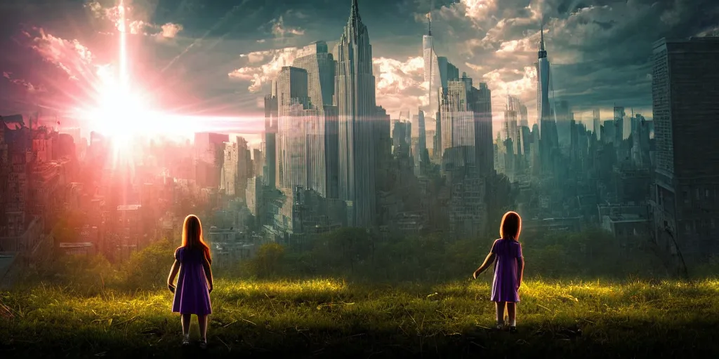 Prompt: sci - fi scene future new york cityscape, little girl in manhattan holding hand of giant robot, lonely girl, forest punk, crepuscular rays, epic scene, hyper realistic, photo realistic, overgrowth, cinematic atmosphere, ethereal lighting,