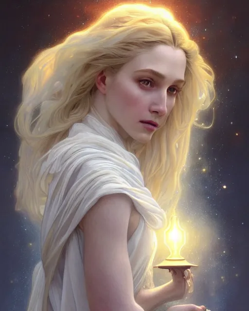 Image similar to realistic portrait of a beautiful white witch, bright, beautiful, heroic pose, beautiful face, magic, dramatic lighting, intricate, wild, highly detailed, digital painting, artstation, concept art, smooth, sharp focus, illustration, art by artgerm and greg rutkowski and alphonse mucha, footage from space camera