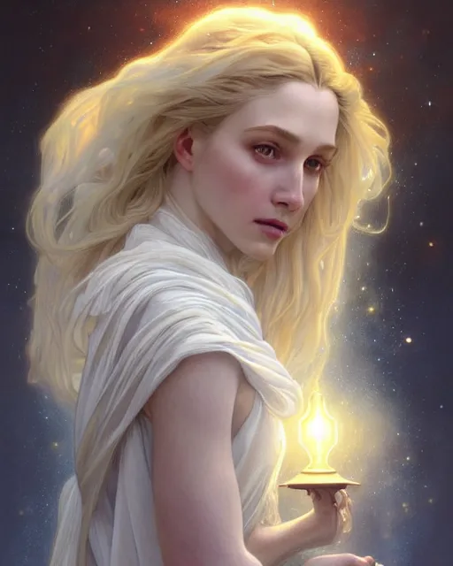 Prompt: realistic portrait of a beautiful white witch, bright, beautiful, heroic pose, beautiful face, magic, dramatic lighting, intricate, wild, highly detailed, digital painting, artstation, concept art, smooth, sharp focus, illustration, art by artgerm and greg rutkowski and alphonse mucha, footage from space camera