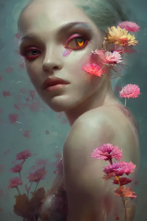 Prompt: face closeup of beautiful sad ballerina coveres with color smoke and fire, 3 d render, hyper realistic detailed portrait, holding magic flowers, ruan jia, wlop. scifi, fantasy, hyper detailed, octane render, concept art, by peter mohrbacher, by wlop, by ruan jia