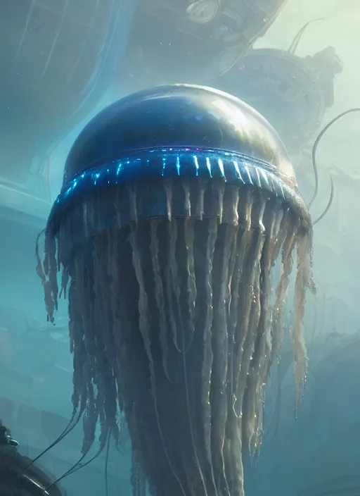 Image similar to jellyfish alien vehicle, sparks, ultra realistic, underwater temple, cinematic lighting, machines, highly detailed, sharp focus, artstation, masterpiece, art by greg rutkowski