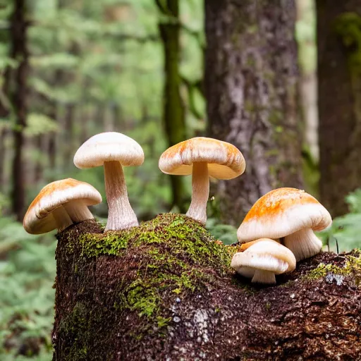 Image similar to mooshrooms growing on a dead tree in the forest, canon eos r 3, f / 1. 4, iso 2 0 0, 1 / 1 6 0 s, 8 k, raw, unedited, symmetrical balance, in - frame,