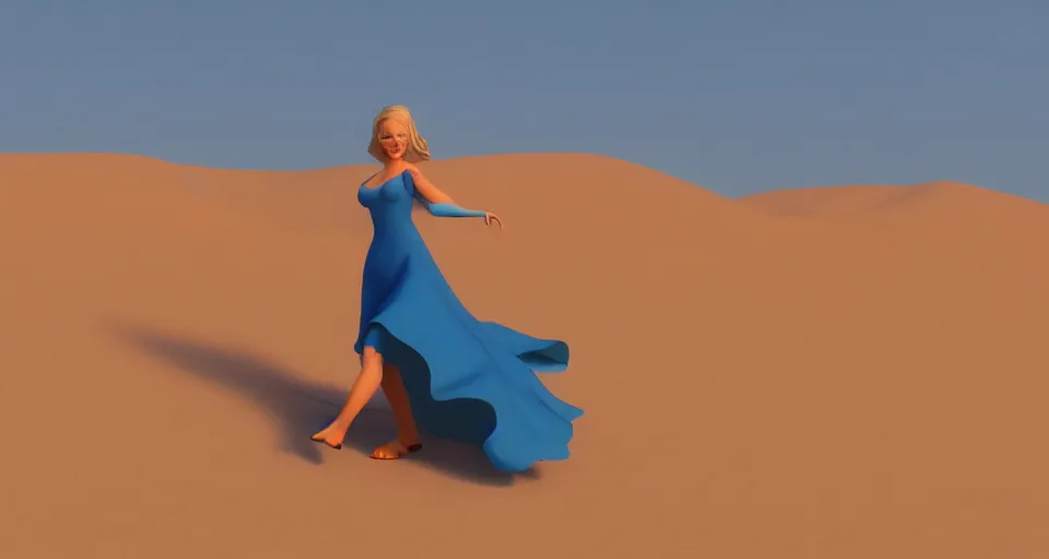 Image similar to a blonde woman in a blue dress walking into the desert in morning, desert dunes, artstation, cgsociety