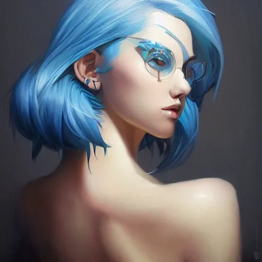 Image similar to a beautiful painting of a woman with short blue hair representative of the art style of artgerm and wlop and peter mohrbacher