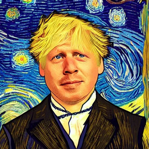 Prompt: detailed portrait of boris johnson as an 1890s peasant with enoumous crazy hair at a party at a cafe on a starry night painted by van gogh. digital art. high quality.