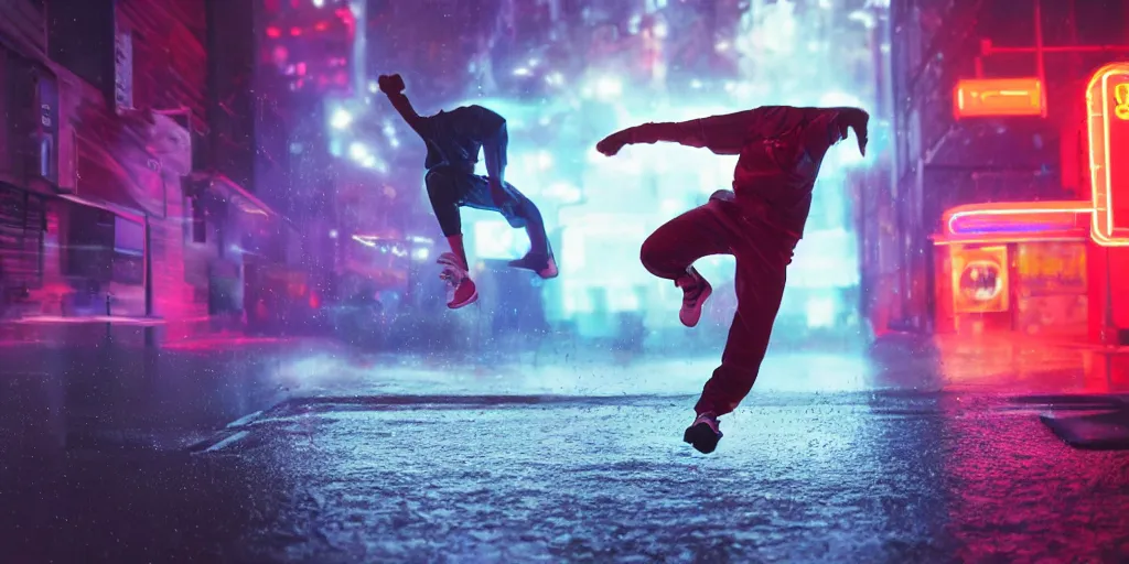 Image similar to cinematic camera wide angle of slow motion film still of futuristic break dancer wearing neon lights, long exposure shot , at night in the middle of a rainy street, paddle of water, water splashes, rim lights, glossy reflections, water droplets on lens, octane render, detailed and soft, by jimbo phillips santa cruz