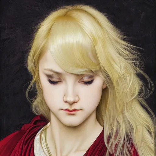 Prompt: Blonde Girl from Babymetal band with thin lips, pronounced cheekbones, hair of medium length (longer caret), highly detailed, digital painting, artstation, concept art, smooth, sharp focus, illustration, ArtStation, art by artgerm and greg rutkowski and alphonse mucha and J. C. Leyendecker and Edmund Blair Leighton and Katsuhiro Otomo and Geof Darrow and Phil hale and Ashley wood and Ilya repin and Charlie Bowater