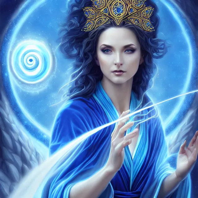 Image similar to beautiful!! elemental sky witch with intricate ornate blue and white robes and water powers artgerm anne stokes highly detailed 8 k hdr smooth sharp focus high resolution award - winning photo photorealistic