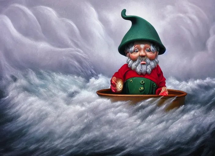 Image similar to a terrified garden gnome sailing in a bucket, background of raging ocean with huge waves on a stormy day with dramatic thunderhead clouds, an ultrafine detailed painting by mark ryden, trending on deviantart, pop surrealism, whimsical, lowbrow, rainy, perfect symmetrical face