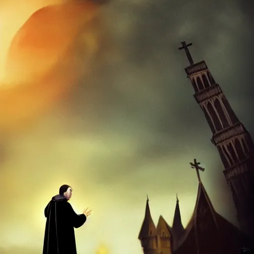 Image similar to A terrified catholic priest in his twenties at the top of a medieval tower watches as an ominous yellow shadow descends upon him from the night sky. He is fervently praying. Dramatic lighting. Award-winning digital art, trending on ArtStation