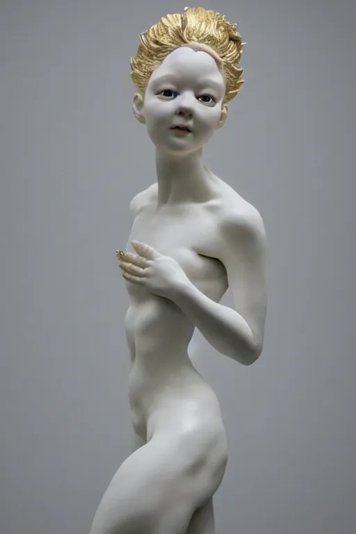 Image similar to full head and shoulders, realistic bjork porcelain ballerina sculpture, smooth, delicate facial features, white eyes, white lashes, detailed white, lots of 3 d gold chinese dragons anatomical, all white features on a white background, by daniel arsham and james jean