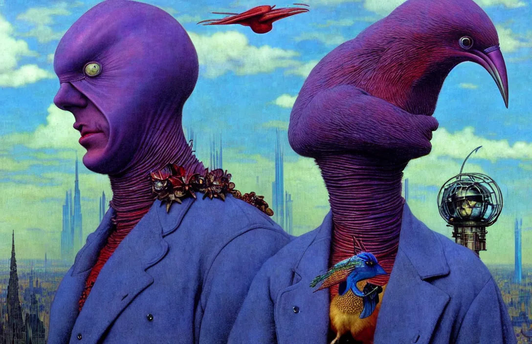 Prompt: realistic detailed portrait movie shot of a birdman wearing violet leather coat, sci fi city landscape background by denis villeneuve, amano, yves tanguy, alphonse mucha, ernst haeckel, max ernst, roger dean, masterpiece, rich moody colours, blue eyes