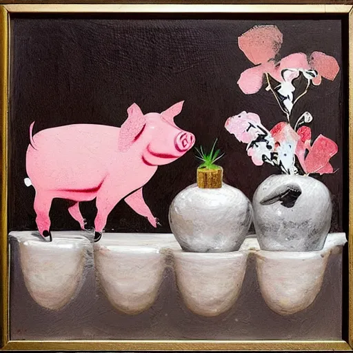 Image similar to “pig paintings and pig sculptures in a pig art gallery, pork, ikebana white flowers, white wax dripping, squashed raspberry stains, acrylic and spray paint and oilstick on canvas, by munch and Dali”