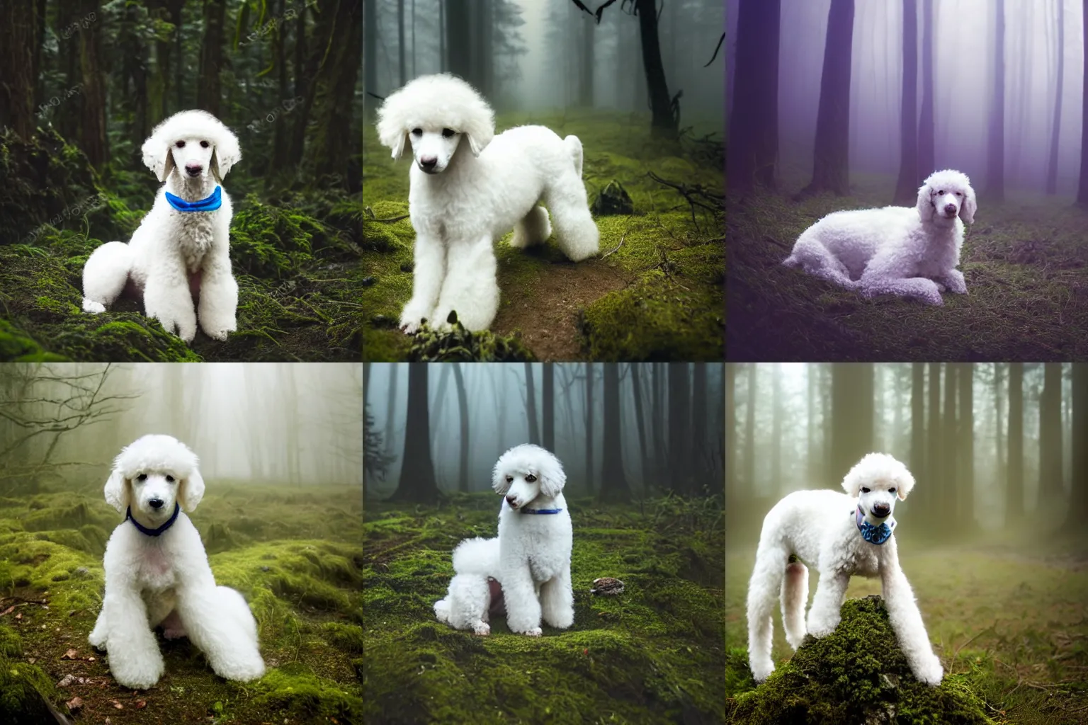 Prompt: high detail photo extreme long shot of an abandoned white poodle puppy sitting alone in the mossy foggy forest at night, blue moonlight, tilted frame, spooky, atmospheric, hazy, 8k