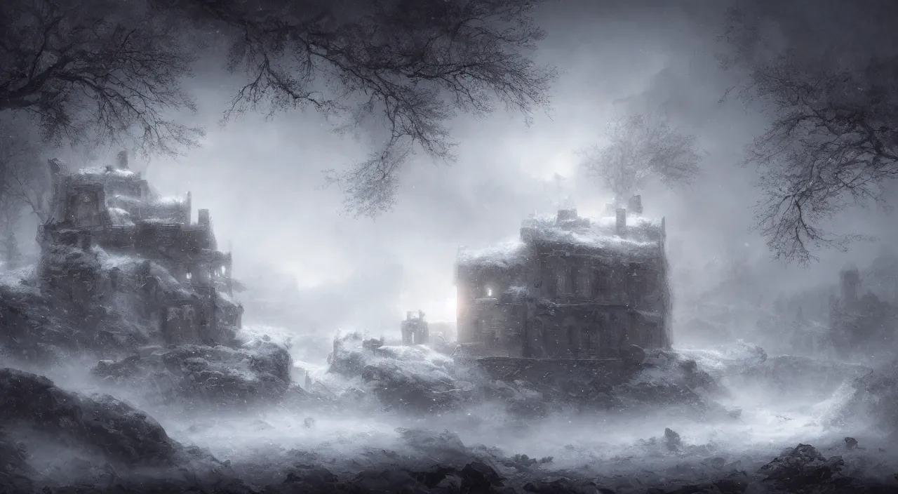 Image similar to abandoned fortress melancholy tundra. andreas achenbach, artgerm, mikko lagerstedt, zack snyder, tokujin yoshioka