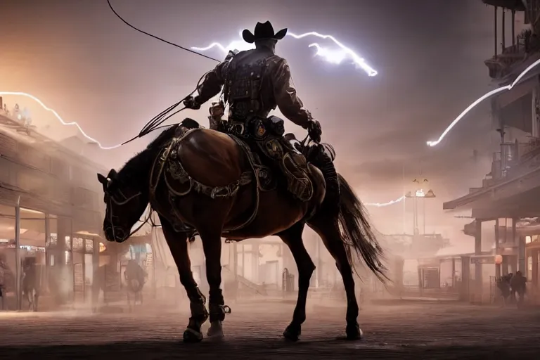 Image similar to photo from behind of a cowboy, riding a steampunk horse, on a futuristic shopping mall, cinematic lightning, ray tracing, unreal engine 5, photorealistic, 8 k, uhd, 4 k, ghost recon breakpoint game concept, extremely detailed, beautiful, elegant, intricate, foggy, in - game footage