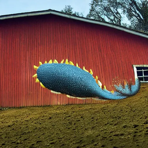 Image similar to a giant sea slug destroying a barn