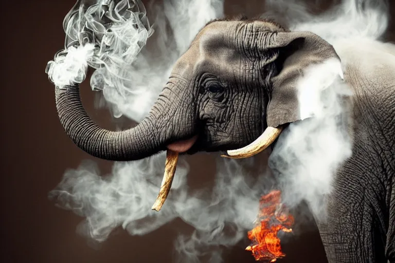 Image similar to ultra realistic photography, picture of ( subject : an elephant blowing smoke ). the scene is set in a gentlemens cigar lounge, a very smokey atmosphere, small thick clouds of cigar smoke, artstation, focus on the elephant, extremely detailed and crisply sharp photo, hyperrealistic smoke, figma, sigma, 4 k