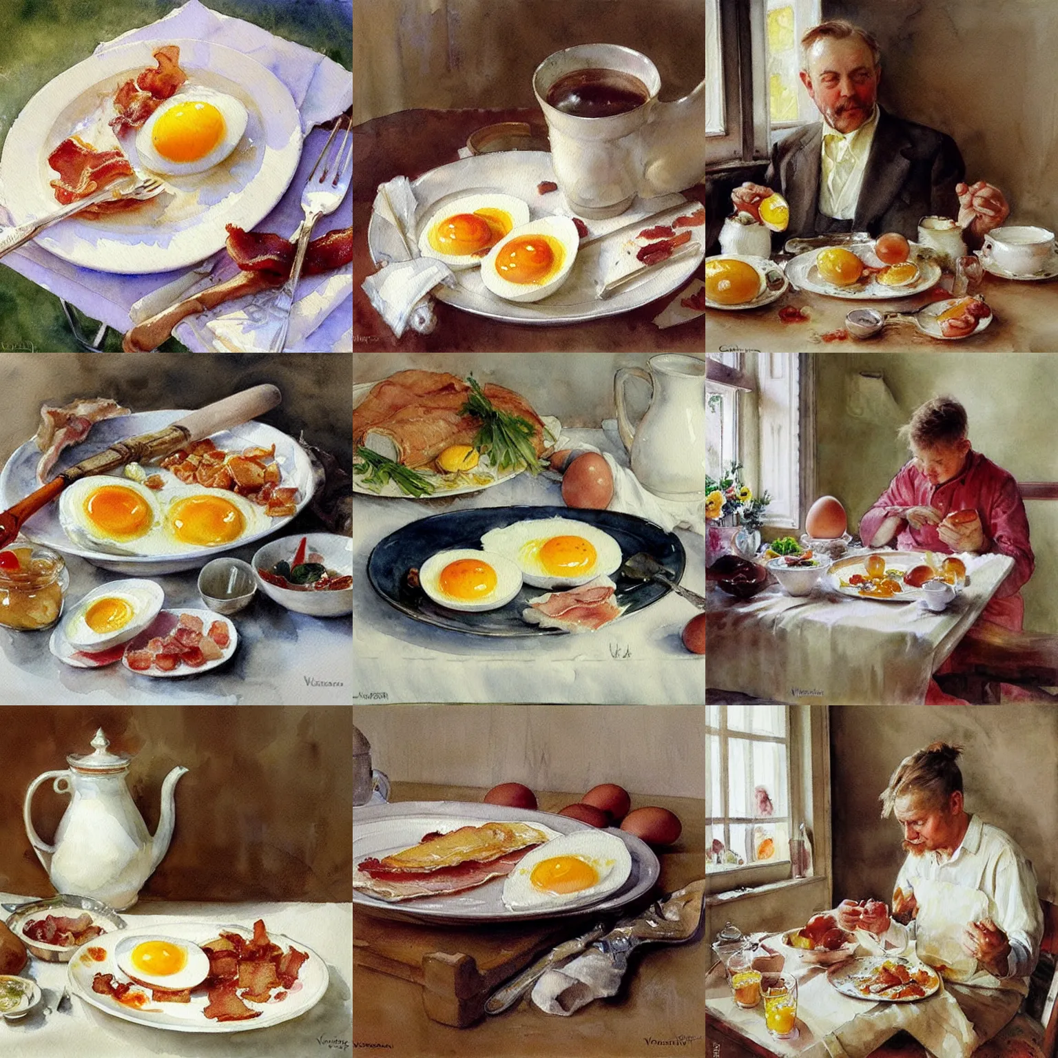 Prompt: egg and bacon breakfast, watercolor painting by vladimir volegov, carl larsson, anders zorn