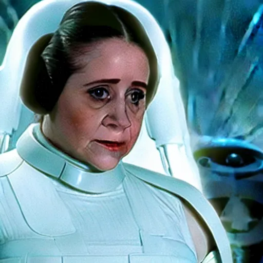 Image similar to a film still of danny devito as princess leia, star wars