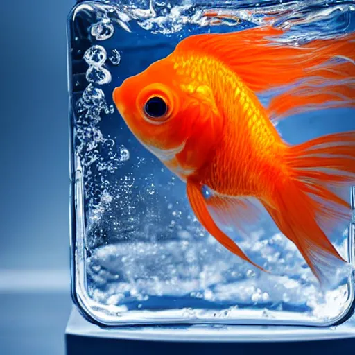 Image similar to a goldfish swimming inside a cube made of water looking at its reflection on the side of the cube