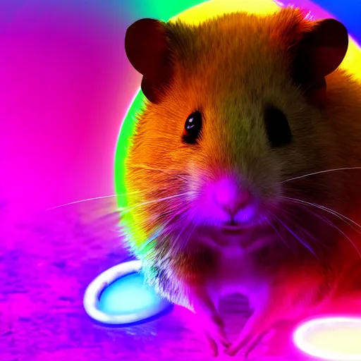 Image similar to cyberpunk hamster made of glowing rainbow neon lights holding a rainbow gem crystal, light reflection, 8 k, hd, logo