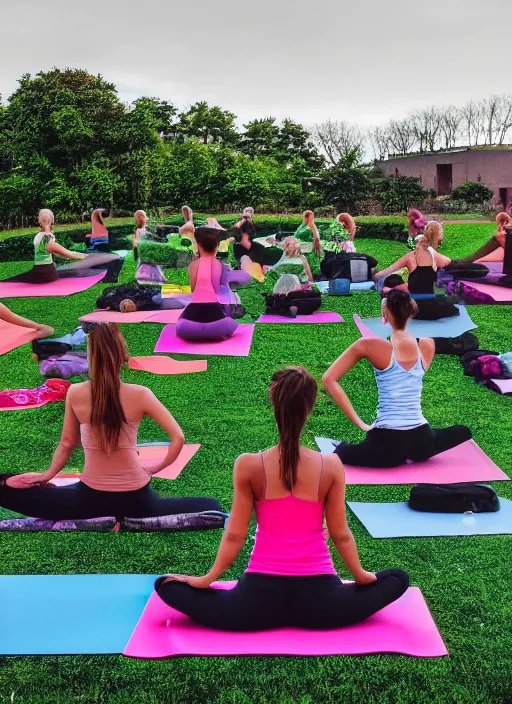 Prompt: a beautiful detailed photo of a ground of girls doing yoga, realistic, f 8, 4 k hd wallpaper